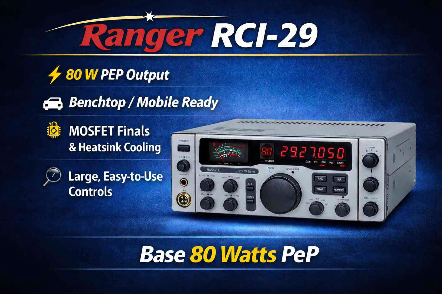 Ranger Rdi Ranger RCI‑29, 80W, 10 Meter Midframe Base Station Radio AM FM USB LSB ...
