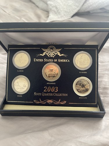 2003 State Quarters 5 Coin Set 24 Kt Gold Plated AL, AR, IL, MA, MO 1st Com Mint - Picture 1 of 6
