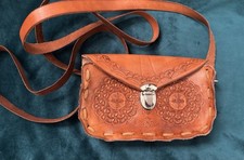 Vtg Brown leather crossbody bag Hand tooled floral pattern strap not adjustable