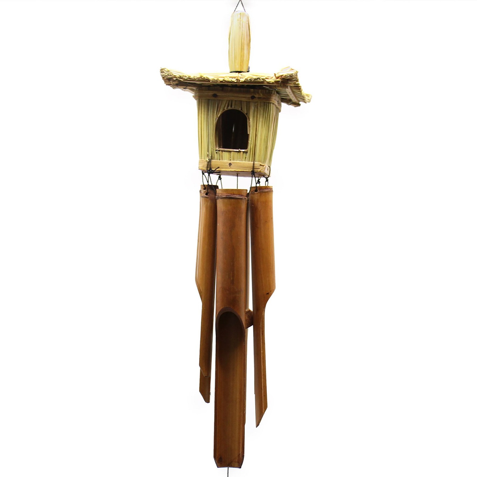 Square Seagrass Bird House Bamboo Wind Chime Hanging Garden Ornament Zen 49cm