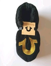    True Religion Slipper Socks Size Lrg 11-12 Black, Gold, Faux Fur Lined - Warm