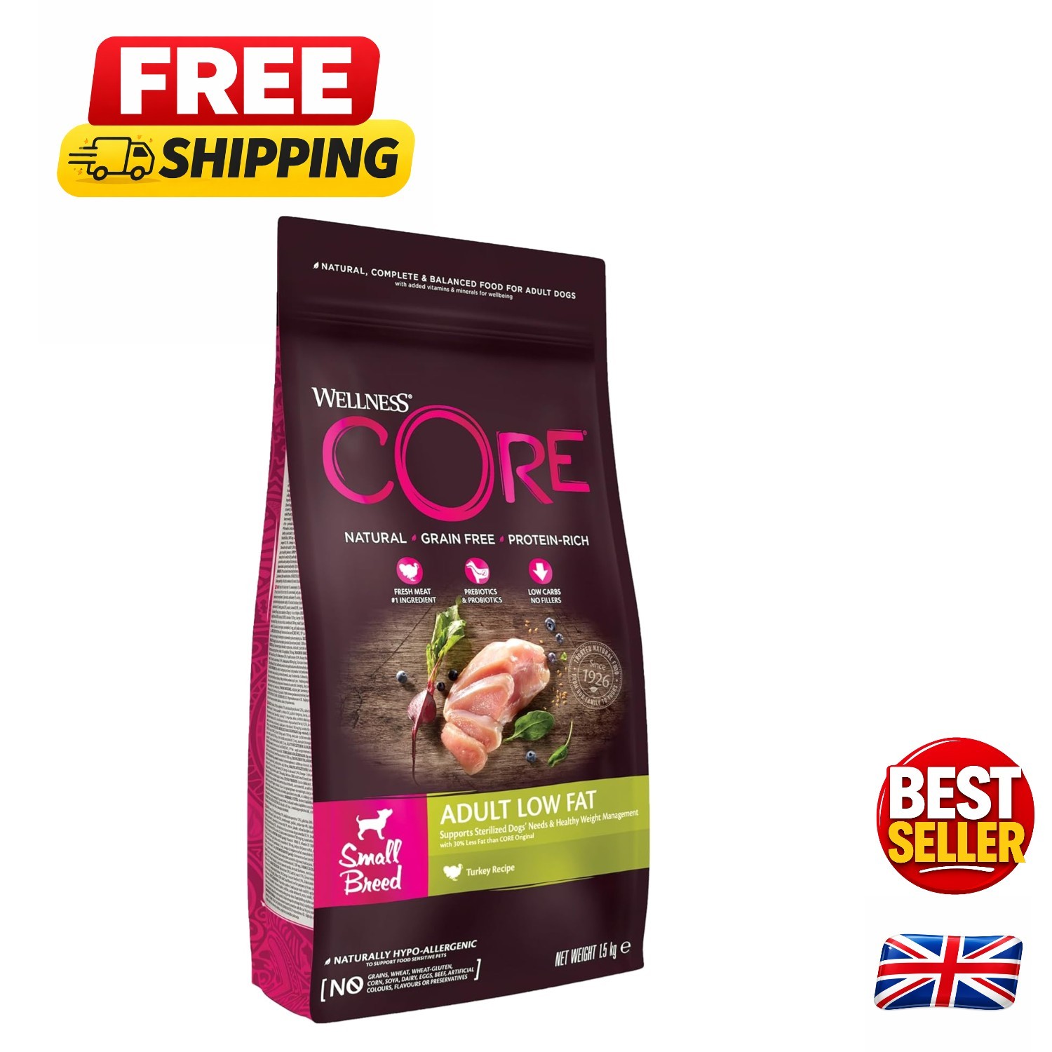 Low Fat Turkey Dry Dog Food 1.5kg - Grain-Free, Hypoallergenic for Small Breeds