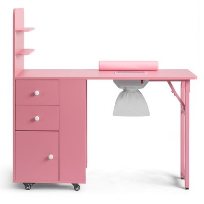 Nail Desk with Wheels, with 2 Drawers Cabinet Door & Storage Shelf Folding Pink