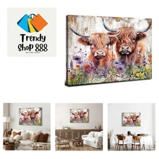 32x48 Highland Cow Wall Art - Unique Rustic Canvas for Living Room Decor