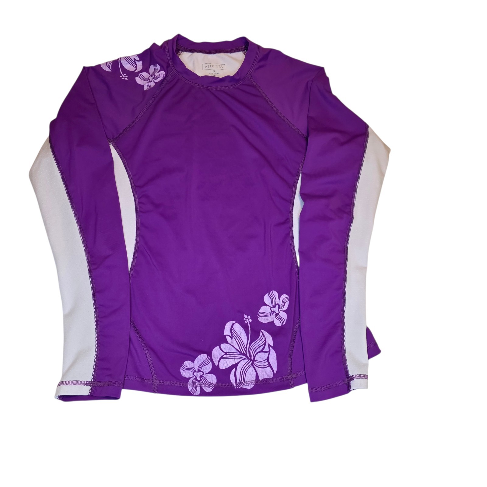 Womens Athleta Rash Guard Swim Shirt Lg Sleeve Purple & White Floral Print Sz S