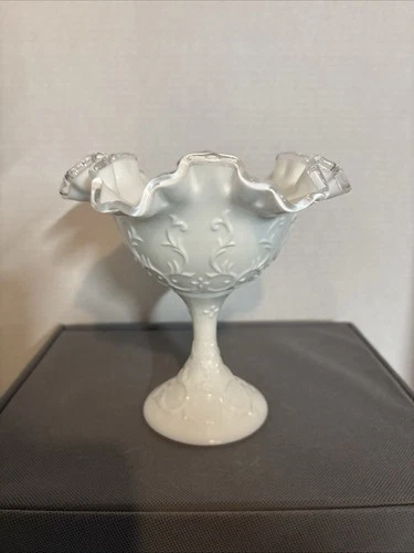 Vintage Fenton Milk Glass Silvercrest Spanish Lace Compote Footed Candy Dish