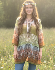 InterNational Klothes Size S Mini Dress Bells Sheer Splits Sparkles Boho Peasant