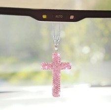 Bling Cross Car Hanging Ornament, Crystal Rhinestone Car Rearview Mirror Pink