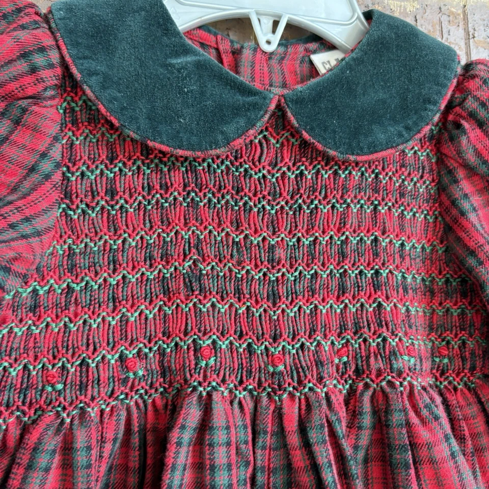 Vintage Class Club Smocked Red Green Tartan Plaid Bubble Romper Size 12M - Image 3 of 4