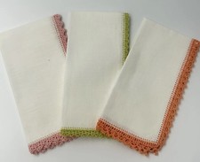 Vintage Lace Trim Handkerchiefs Pink Green Orange Set 3 Cottage