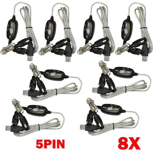 8x USB IN-OUT For MIDI Cable Converter 5-Pin to PC Music Keyboard Adapter Cord