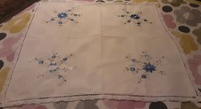 VINTAGE WHITE COTTON TABLECLOTH WITH BLUE FLORAL EMBROIDERY & LACE - 32" X 29"