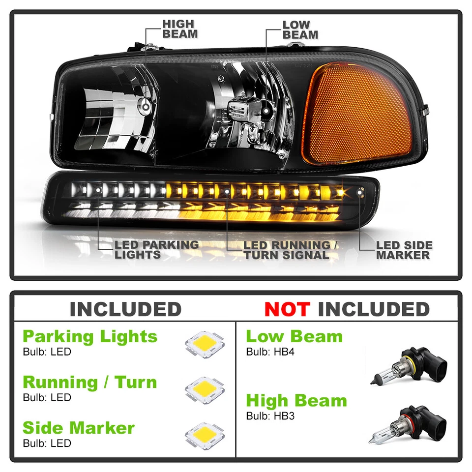 Faros LED negros para parachoques de estacionamiento GMC Sierra Yukon XL 1999-2006 Foto 4 de 4