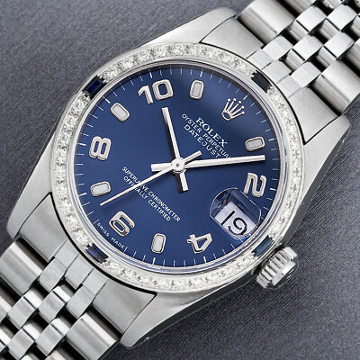 Rolex Mid-Size Datejust Watch Steel - 18K Gold Blue Arabic Sapphire Bezel Watch
