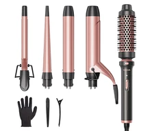 Wavytalk 5 in 1 Curling Iron, 0.5”-1.25” Curling Wand Set w/ Accessories, Pink