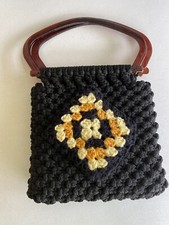vtg 70 s Black Macram purse granny squares Boho Hippie Whimsy Goth Purse