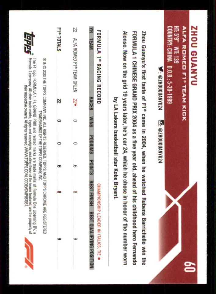 2023 Topps Chrome Formula 1 #60 Zhou Guanyu - Image 2 of 2