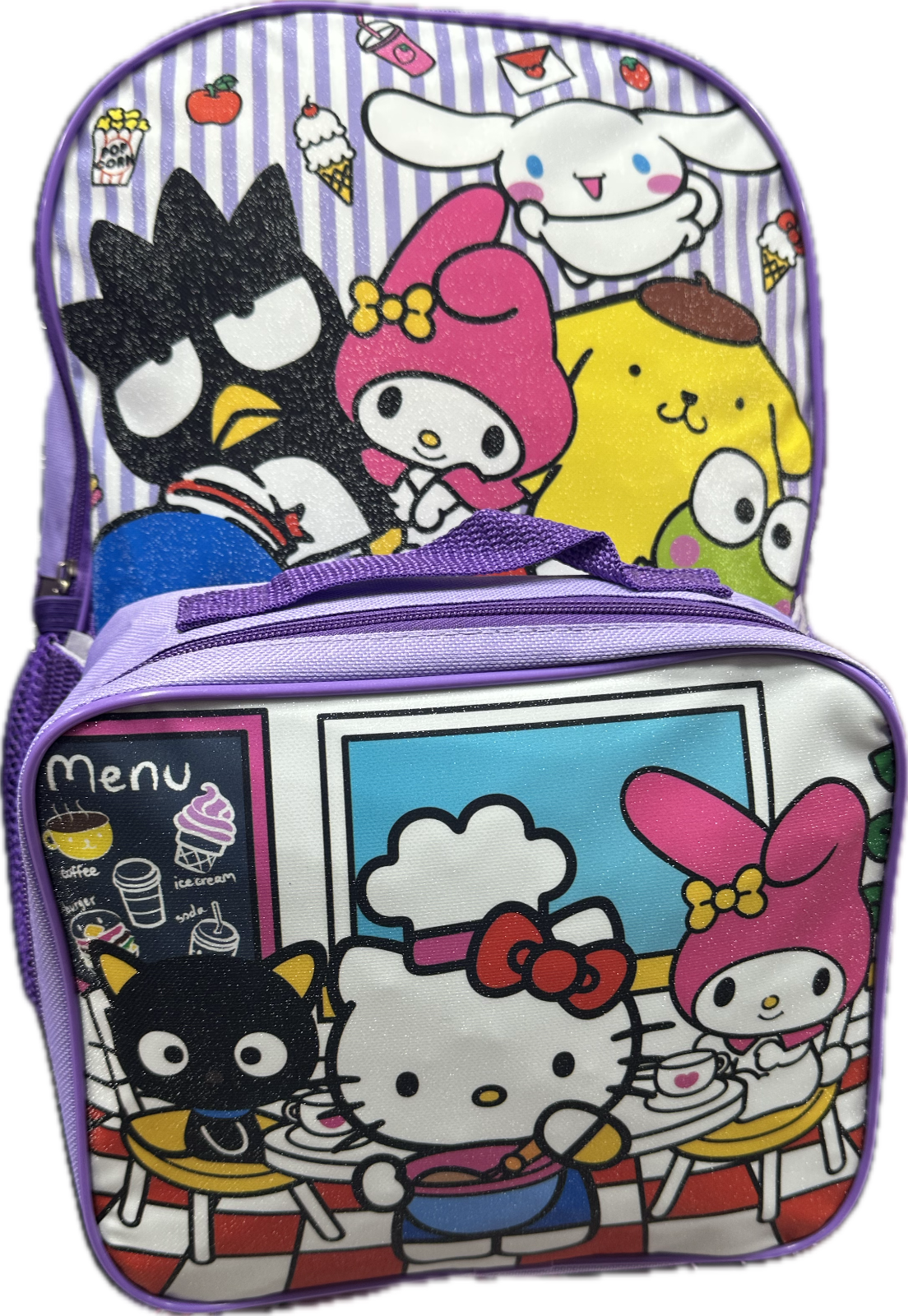 Hello Kitty Purple Large Backpack with Lunch Bag for Girls 16 Inch School Bag