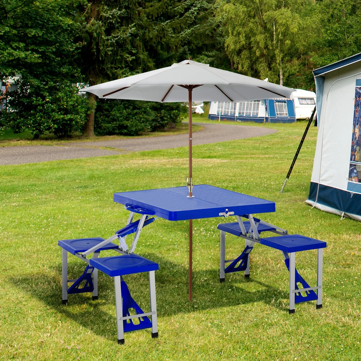 Picnic Table Chair Set 4 Seat Aluminium PP W 2.7cm Umbrella Hole