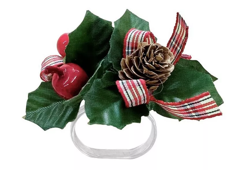 4 X Red Berry Napkin Rings Christmas. Berries Pine Cone Ribbon