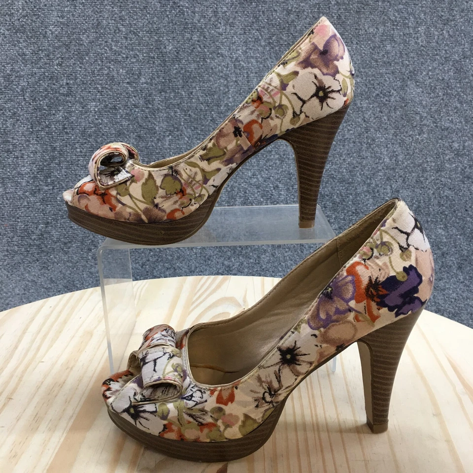 Zapatos de tacón Madden Girl para mujer 7,5 Kiarra arco floral tela multicolor punta abierta Foto 2 de 4