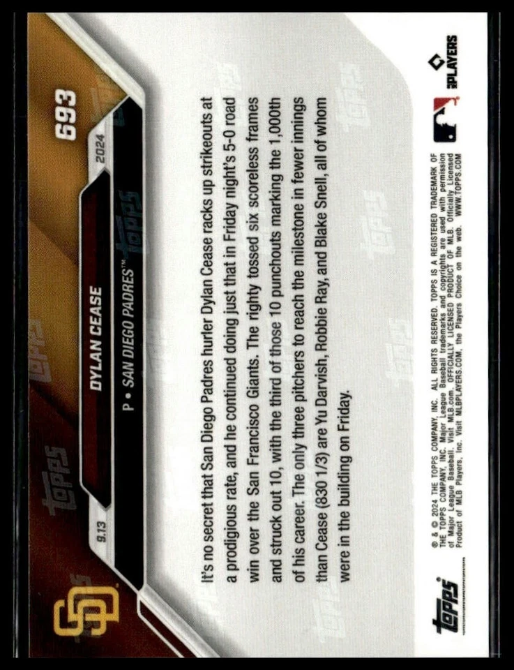 2024 Topps Now 693 Dylan Cease San Diego Padres 1000 Strikeouts Purple 24/25 - Image 2 of 2