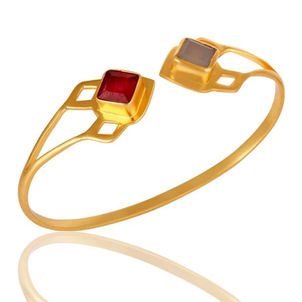 Elegante brazalete brazalete en aventurina roja chapada en oro con calcedonia gris para regalo Foto 4 de 4