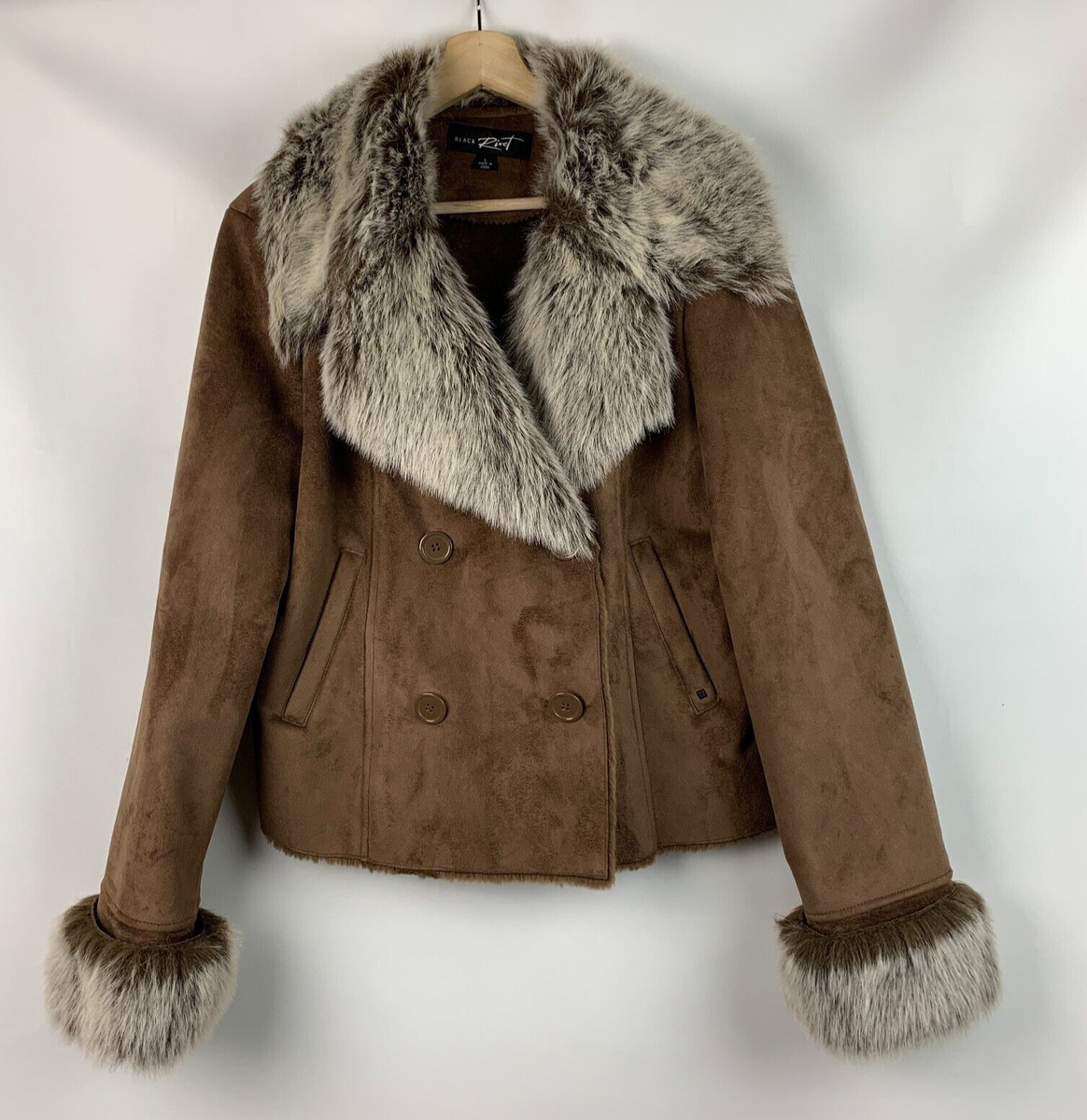 Black Rivet Jacket Brown Faux Suede Faux Fur Collar Buttons