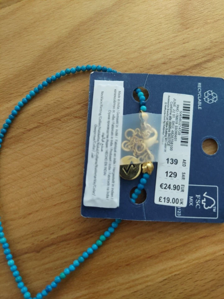 Accesorio collar de cuentas facetadas turquesa, chapado en oro 14 quilates, nuevo con etiquetas Foto 4 de 4