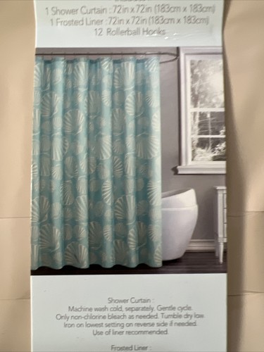 Huntington Home Shower Curtain And Hook Set Cream & Blue She’ll Marine 72”x72” - Picture 7 of 7