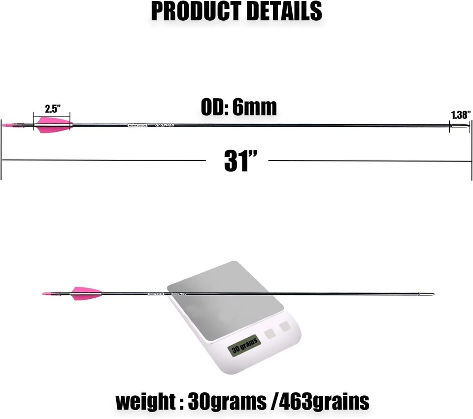 Paquete de 12 flechas de práctica de tiro con arco de carbono Bowsoul arco blanco arcos recurvos rosa 31" Foto 2 de 4