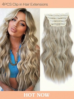 4PCS Clip In Hair Extensions 20inch Wavy Piano Color Synthetic Full Head