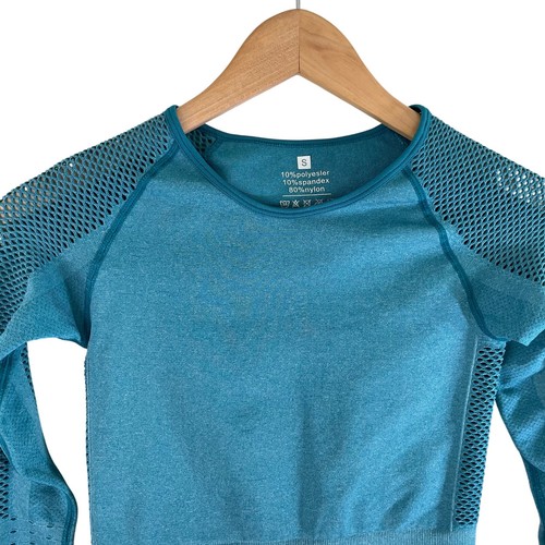 Women's Long Sleeve Cropped Crew Neck Workout Top Thumb Holes Teal Size Small - Picture 3 of 7