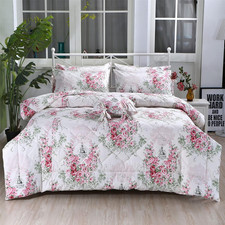 Pink Rose Floral Queen Comforter Set - Lightweight Reversible Quilt