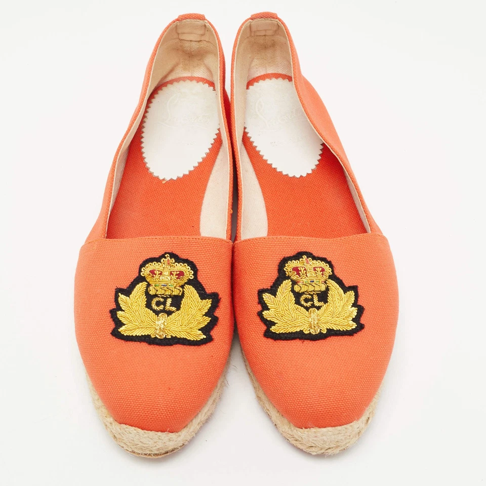 Mocassim Christian Louboutin laranja lona gala bordado brasão espadrille - Imagem 3 de 4