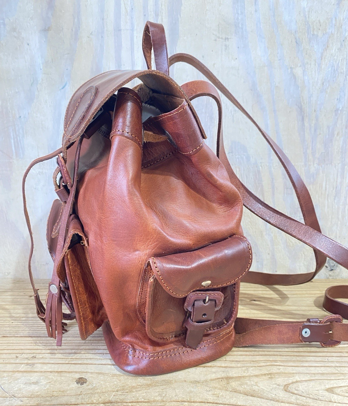 Handmade Small Brown Leather Drawstring Back Pack… - image 2