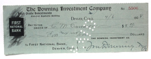 1908 DOWNING INVESTMENT CO DENVER, CO LARGE BRIGHT XF+ VERY NICE CRISP PAID