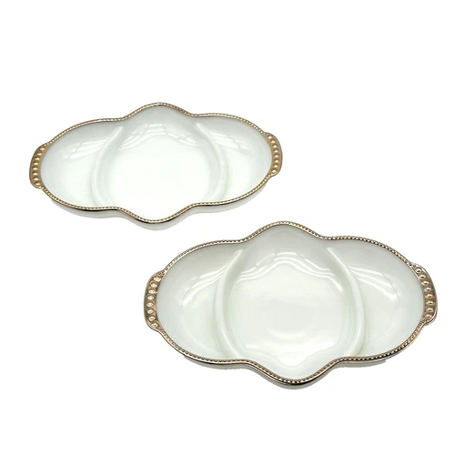 Vintage Fire-King Anchor Hocking Milk Glass Divided Relish Trays Gold Set of 2