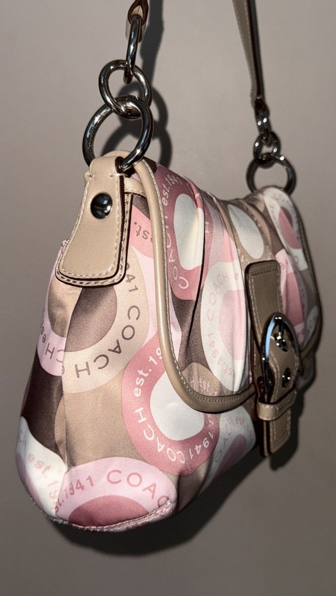COACH ボディバッグ ブラウン・ピンク COACH Pink Hampton Signature C Canvas Brown Leather Crossbody Bag