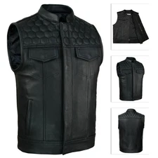 SOA Men’s Black Leather Biker Vest Club Black Honeycomb Stich Motorcycle Riding