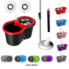 Spin Mop Bucket Set 360° Wringer System + 2 Microfiber Heads Stainless Handle