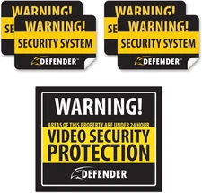 Defender WARNING! Video Security Peel/Stick Warning Sign & Bonus Window Stickers
