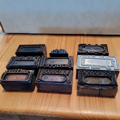 Lot (9) Letterpress Printing Blocks Wood Metal Advertising Stamps Vintage A