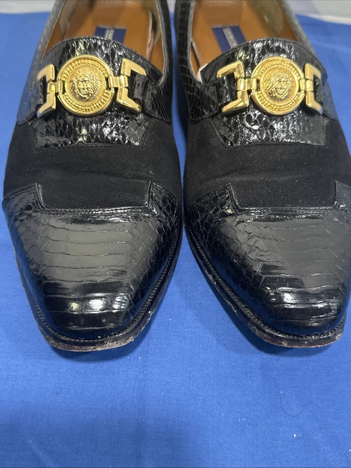 Mocasines Giorgio Brutini vintage años 90 talla 9 hombre piel de serpiente negra y gamuza Foto 4 de 4