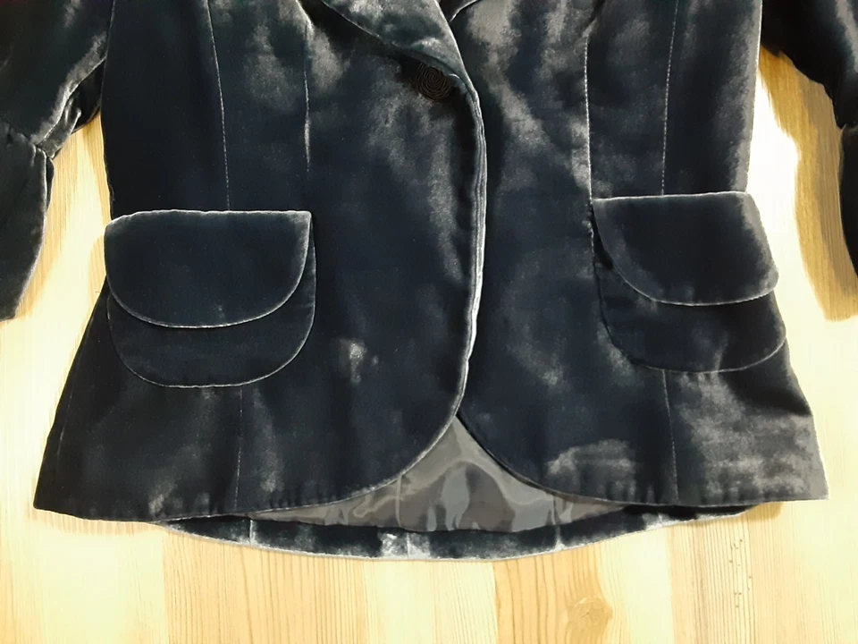 Blazer halógeno para mujer de terciopelo mezcla de seda rosa botón flor S pequeño azul Foto 3 de 4