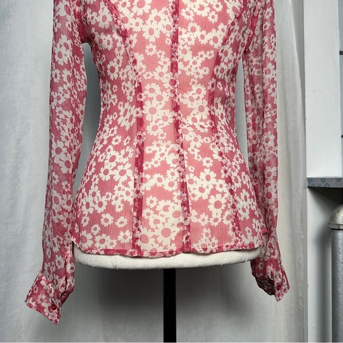 100% Silk Ruffled Tuxedo Front Button Down Collared Blouse Y2K Retro Floral - Picture 9 of 16
