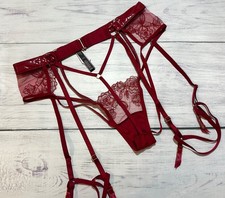 Victorias Secret Midnight Affair Embroidery Open-Back Garter Belt Thong Panty M