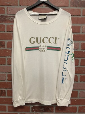 Size M - Gucci White Logo Print Cotton Dragon Embroidered T-Shirt