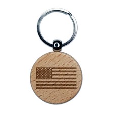 USA United States of America Flag Engraved Wood Round Keychain Tag Charm