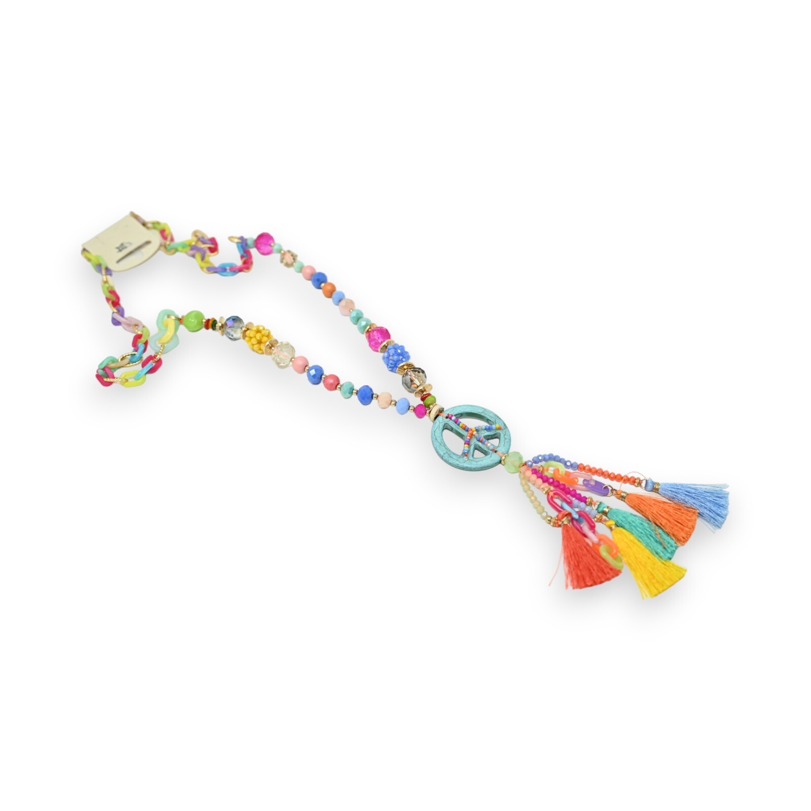 Collier sautoir multicolore avec grand pendentif peace en émail et détails dorés